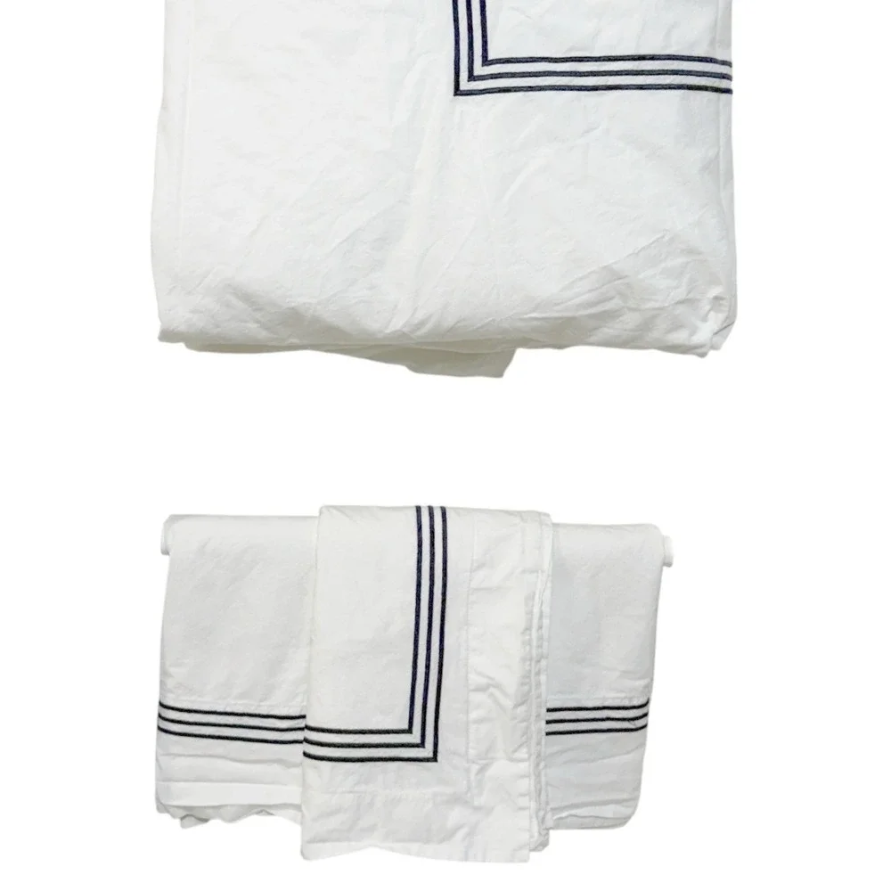 Pottery Barn Grand Organic Percale King Duvet Set Sham‎ Pillowcases White Navy